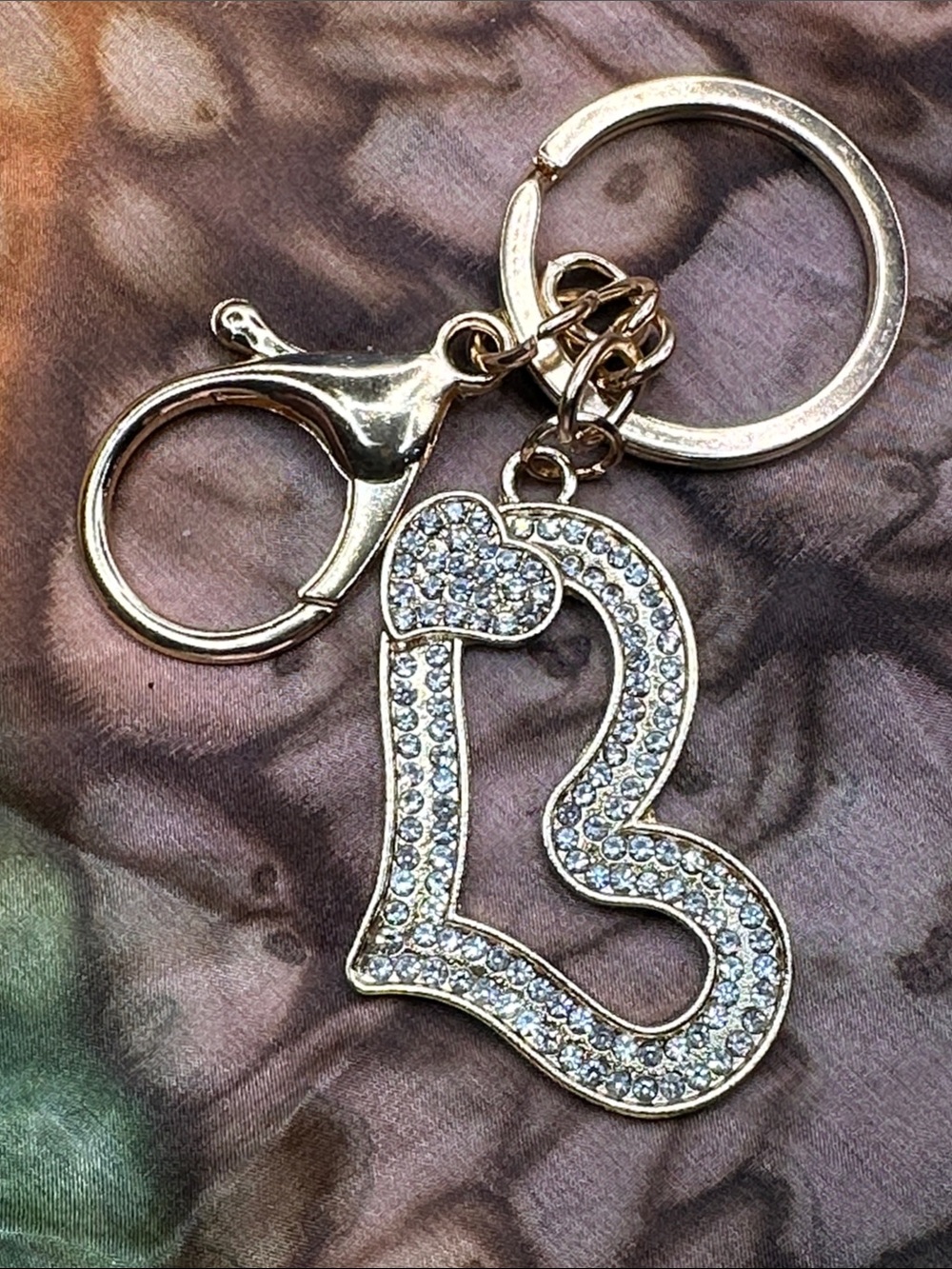 Rhinestone Heart 'B' Keychain Charm - Gold Tone